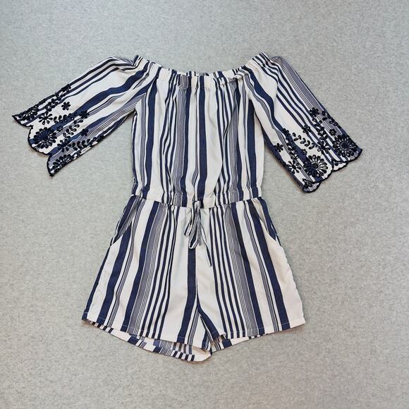 Style House Striped Romper/Jumpsuit WMN 5 Navy White On/Off Shoulder Embroidered - Picture 1 of 6